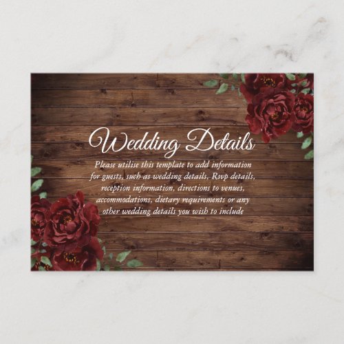 Burgundy Rose Romantic Rustic Wedding Reception Enclosure Card