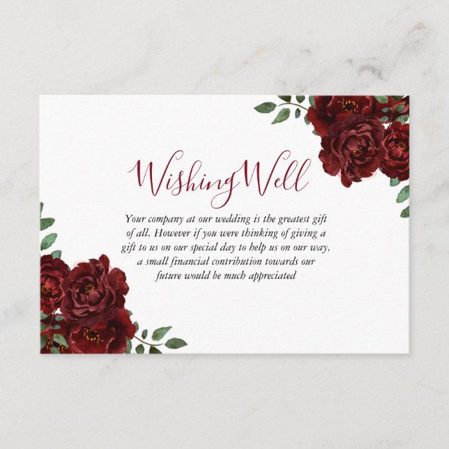 Burgundy Rose Romantic Wedding Wishing Well Enclosure Card (Front)