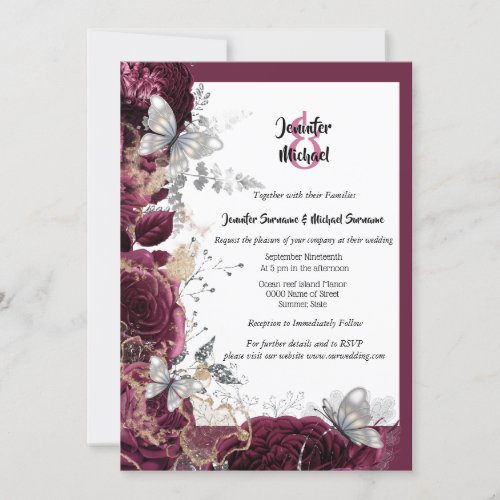 Burgundy rose silver butterfly gold splash wedding invitation