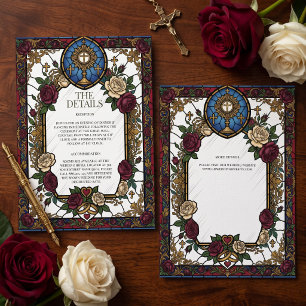 Burgundy Rose Stained Glass Catholic Wedding Enclosure Card
