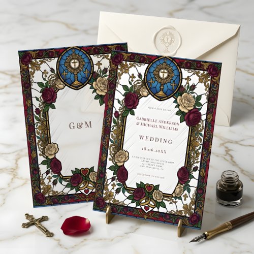 Burgundy Rose Stained Glass Catholic Wedding Invitation