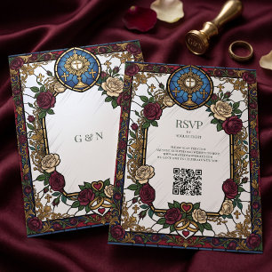 Burgundy Rose Stained Glass Catholic Wedding Save RSVP Card