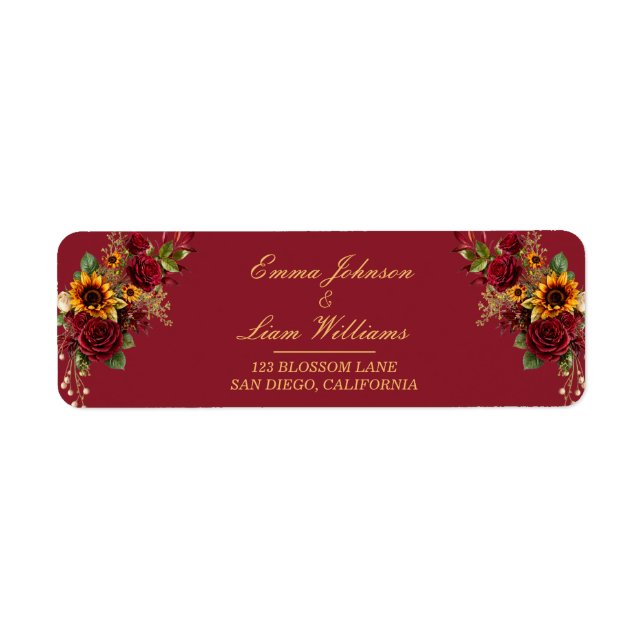 Burgundy Rose & Sunflower Address Label (Front)