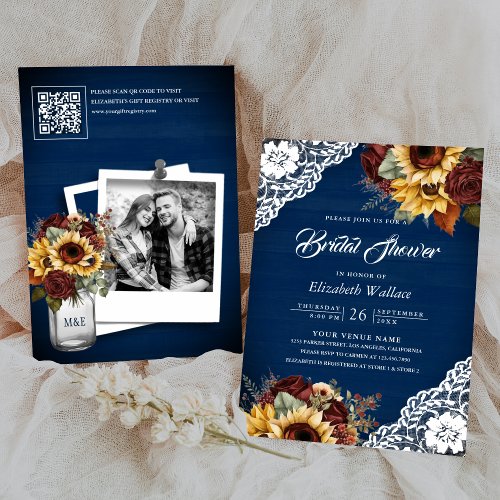 Burgundy Rose Sunflower Navy QR Code Bridal Shower Invitation