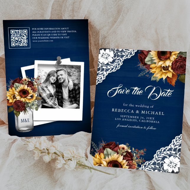 Burgundy Rose Sunflower Navy QR Code Wedding Photo Save The Date (Creator Uploaded)
