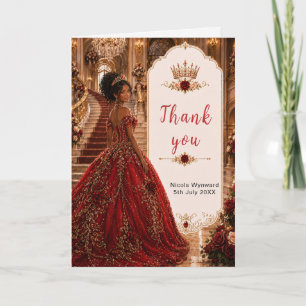 Burgundy Rose Sweet 16 Princess Gold Crown Thank You Card