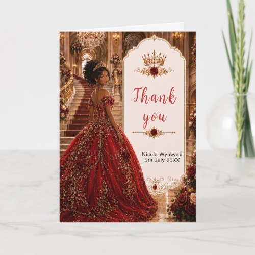 Burgundy Rose Sweet 16 Princess Gold Crown Thank You Card