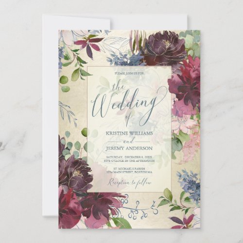 Burgundy Rose Watercolor Blue Floral Gold Wedding Invitation