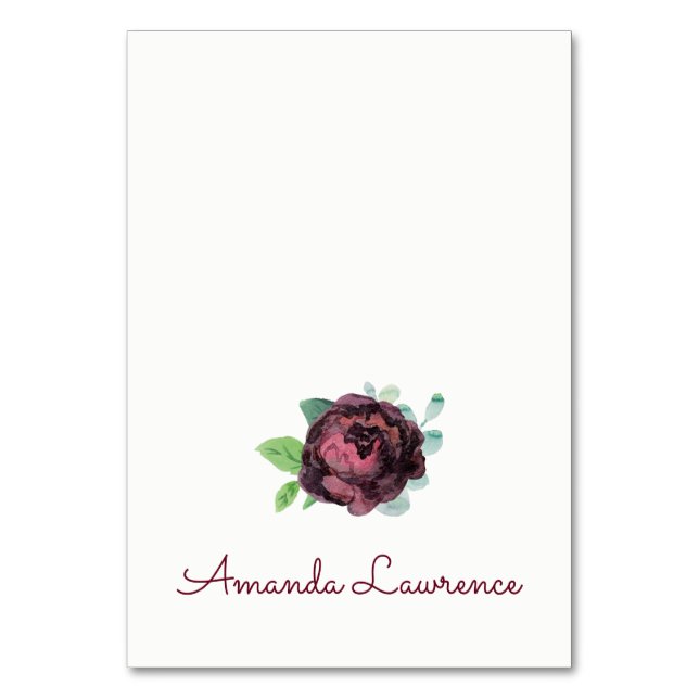 Burgundy Rose Watercolor Personalized Place Cards (Front)