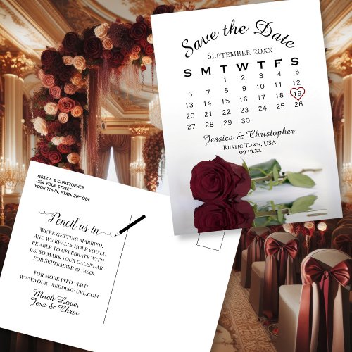 Burgundy Rose Wedding Calendar Save the Date Announcement Postcard