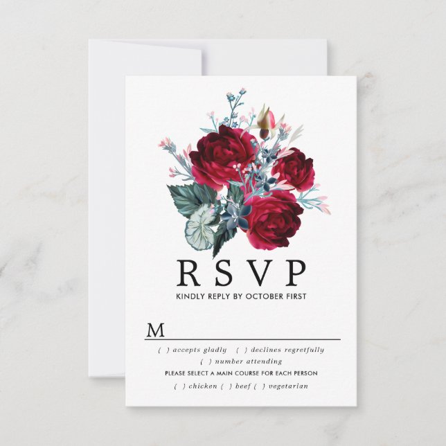 Burgundy Rose Wedding RSVP Card, Meal Options (Front)