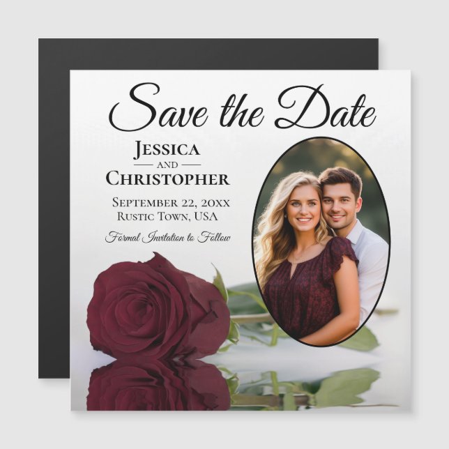 Burgundy Rose Wedding Save The Date Photo Magnet (Front/Back)