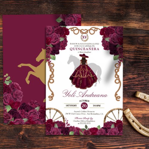 Burgundy Rose Western Quinceaera Invitation