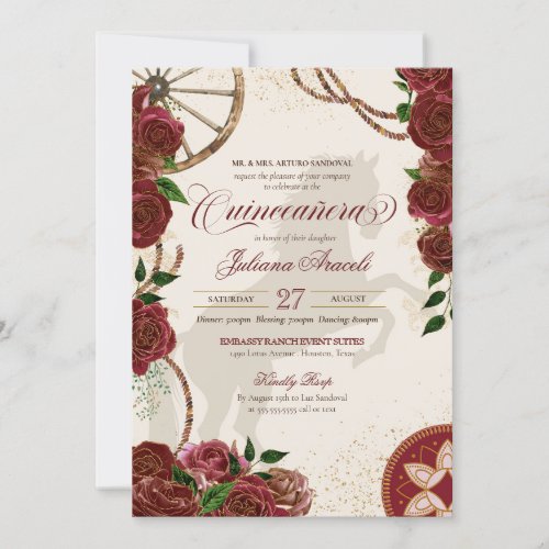 Burgundy Rose Western Ranch  Charro Quinceanera Invitation