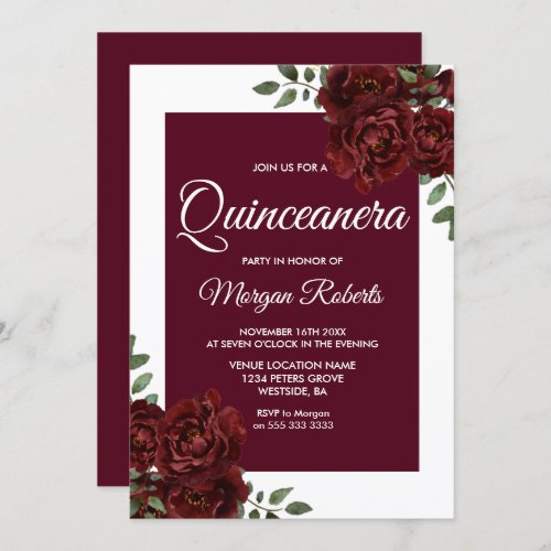 Burgundy Rose White Border Quinceanera Invite