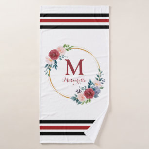 Burgundy Rose Wreath Custom Monogram & Name Bath Towel