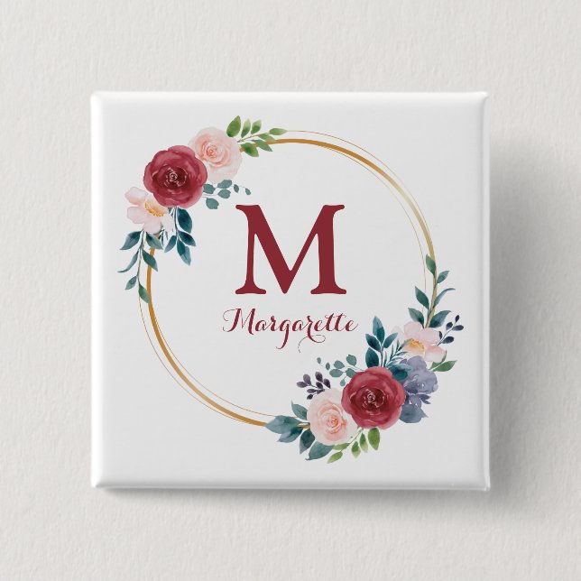 Burgundy Rose Wreath Custom Monogram & Name Button (Front)