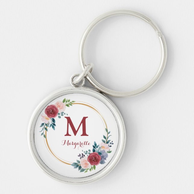 Burgundy Rose Wreath Custom Monogram & Name Keychain (Front)