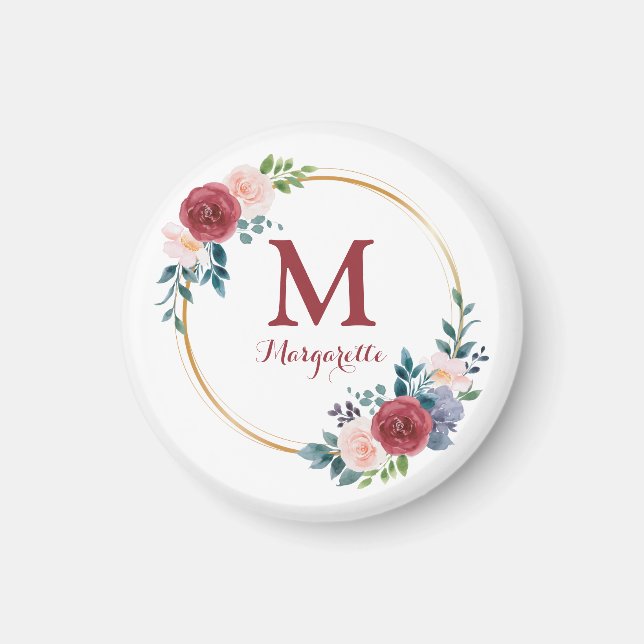 Burgundy Rose Wreath Custom Monogram & Name  Magnet (Front)