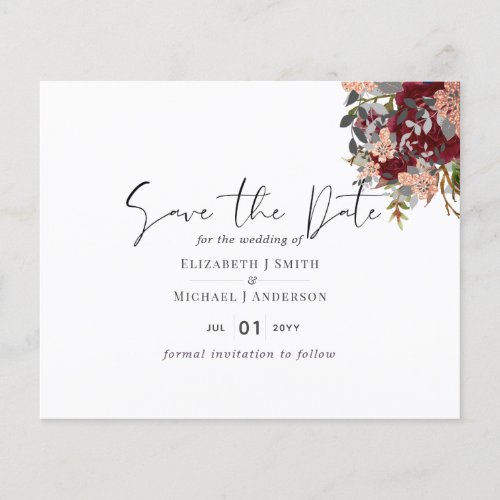 Burgundy Rosegold Floral Wedding Save Date Budget