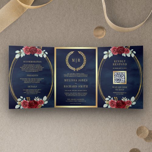 Burgundy Roses All in One QR Code Navy Wedding Tri_Fold Invitation
