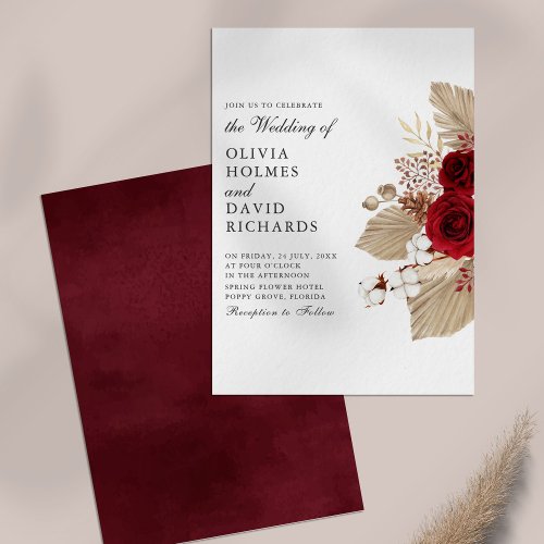 Burgundy Roses and Cotton Flowers Wedding Invitation