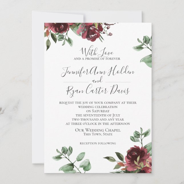 Burgundy Roses and Eucalyptus Wedding Invitation (Front)