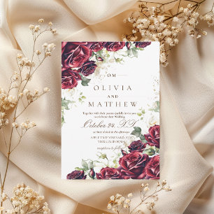 Burgundy Roses and Gold Floral Wedding Invitation