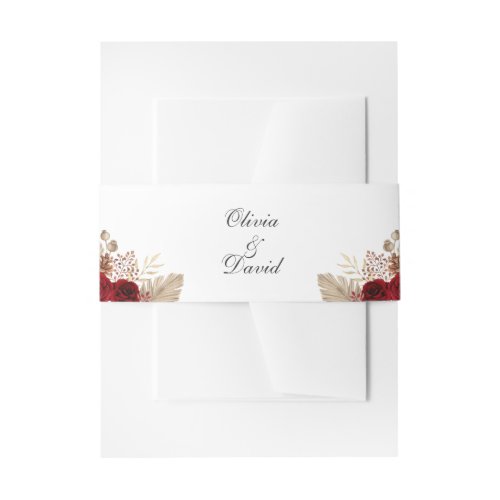 Burgundy Roses and Palm Leaves Wedding Invitation Belly Band