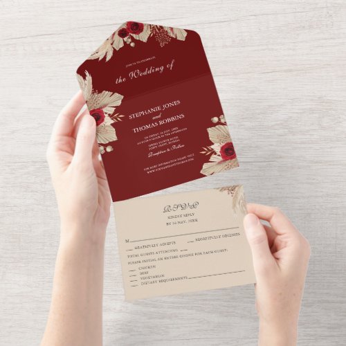 Burgundy Roses and Pampas Grass All in One Invite