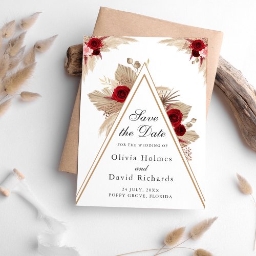 Burgundy Roses and Pampas Grass Save the Date Card