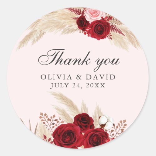 Burgundy Roses and Pampas Grass Thank You Sticker