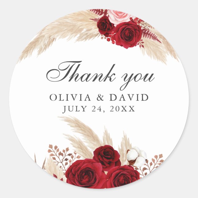 Burgundy Roses and Pampas Grass Thank You Sticker (Front)