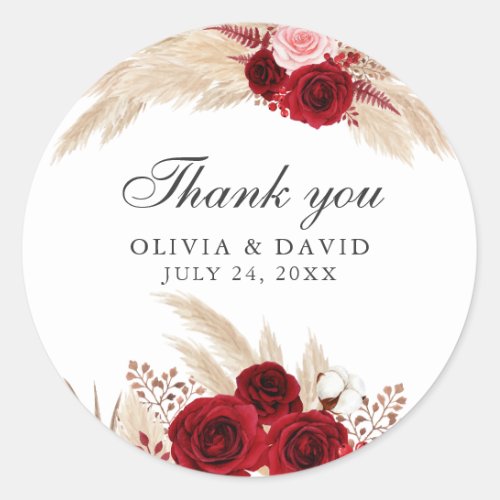 Burgundy Roses and Pampas Grass Thank You Sticker