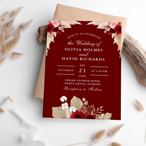 Burgundy Roses and Pampas Grass Wedding Invitation