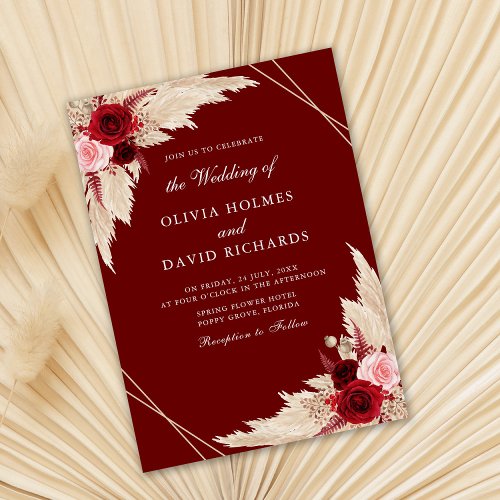Burgundy Roses and Pampas Grass Wedding Invitation