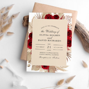 Burgundy Roses and Pampas Grass Wedding Invitation