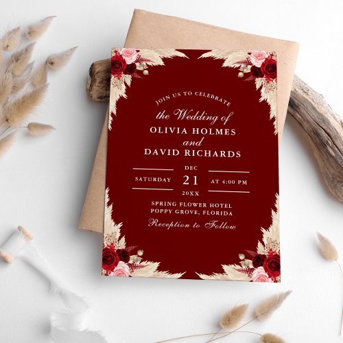 Burgundy Roses and Pampas Grass Wedding Invitation