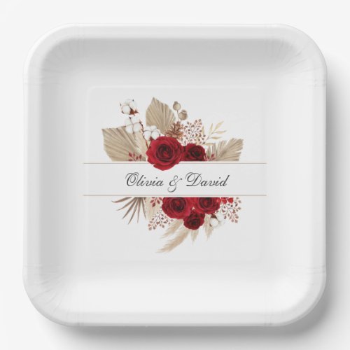 Burgundy Roses and Pampas Grass Wedding Paper Plates