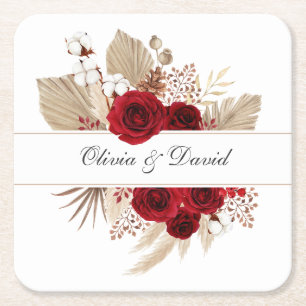 Burgundy Roses and Pampas Grass Wedding Square Paper Coaster