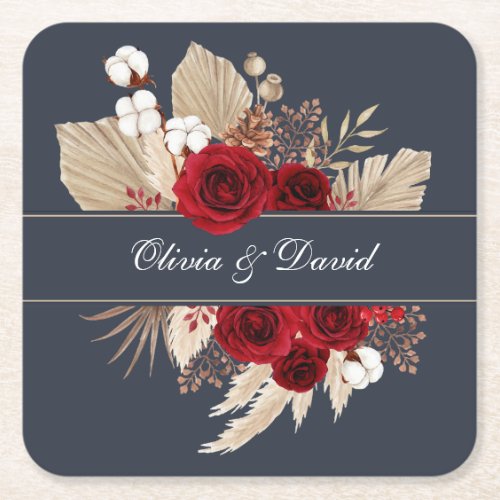 Burgundy Roses and Pampas Grass Wedding Square Paper Coaster
