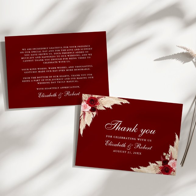 Burgundy Roses and Pampas Grass Wedding Thank You Card (Burgundy Roses and Pampas Grass Wedding Thank You Card on a sunny white table.)