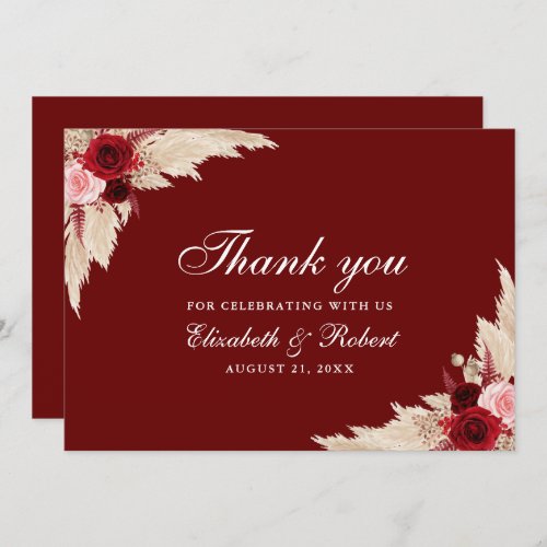 Burgundy Roses and Pampas Grass Wedding Thank You Card
