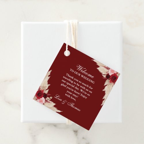 Burgundy Roses and Pampas Grass Wedding Welcome Favor Tags