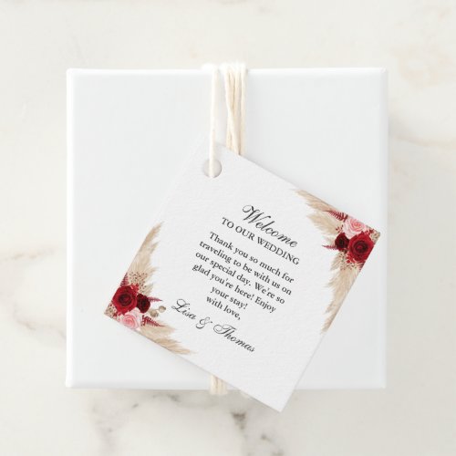 Burgundy Roses and Pampas Grass Wedding Welcome Favor Tags