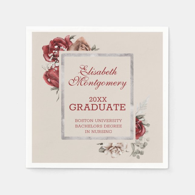 Burgundy Roses and Silver Frame Graduation Party Napkins (Front)