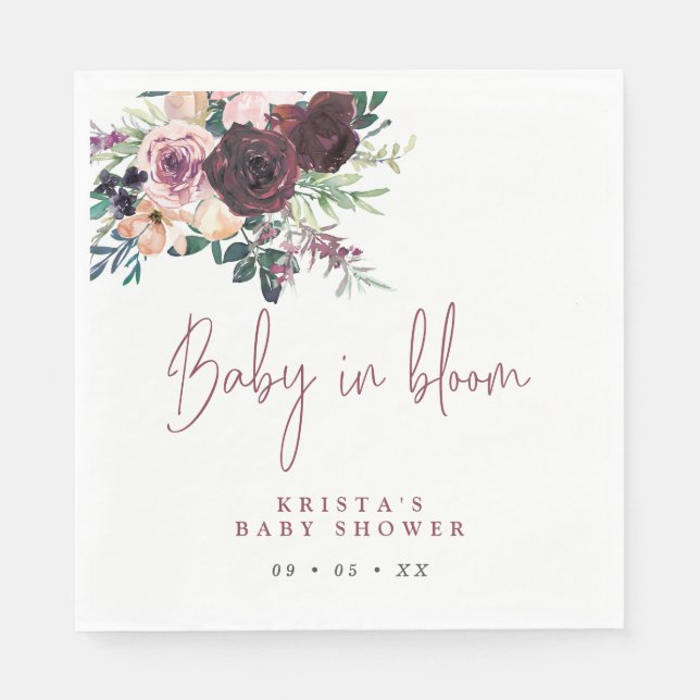 Burgundy Roses Baby In Bloom Baby Shower Napkins (Front)