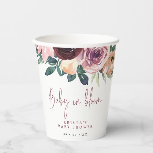 Burgundy Roses Baby In Bloom Baby Shower Paper Cups