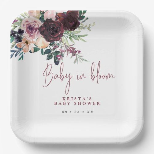 Burgundy Roses Baby In Bloom Baby Shower Paper Plates