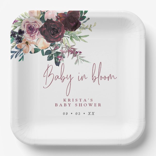 Burgundy Roses Baby In Bloom Baby Shower Paper Plates (Front)
